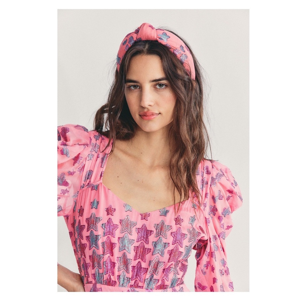 New! LoveShackFancy Caden Metallic Star Silk Dress in Pink - Picture 5 of 14